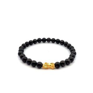 24K Gold Piyao Pixiu Lucky Charm Bracelet Gemstones Shungite 6mm Size 7 inches